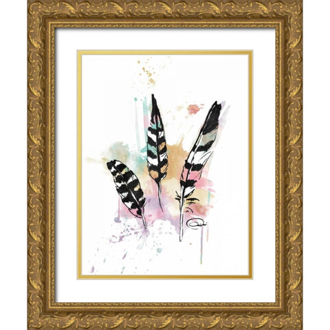 Calm Three Feathers Gold Ornate Wood Framed Art Print with Double Matting by OnRei