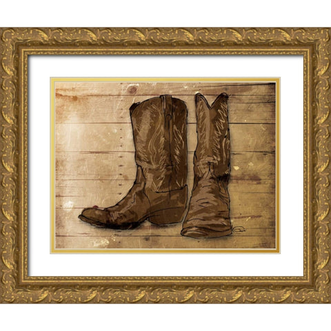 Sketched Boots Gold Ornate Wood Framed Art Print with Double Matting by OnRei