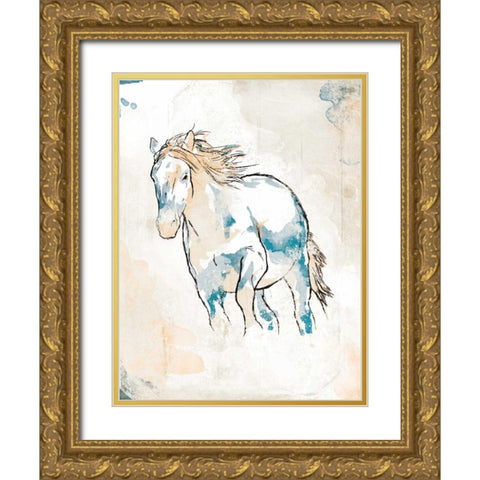 Running Horse Blue Gold Ornate Wood Framed Art Print with Double Matting by OnRei