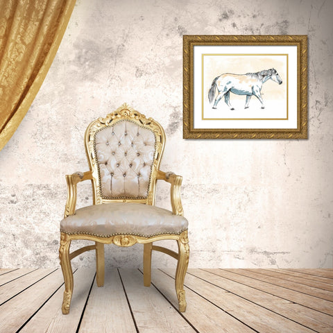 Walking Horse Blue Gold Ornate Wood Framed Art Print with Double Matting by OnRei