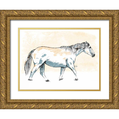 Walking Horse Blue Gold Ornate Wood Framed Art Print with Double Matting by OnRei