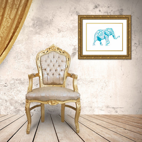 Blue Mandala Elephant Gold Ornate Wood Framed Art Print with Double Matting by OnRei