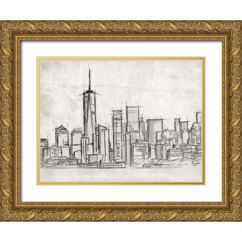 NY Skyline Gold Ornate Wood Framed Art Print with Double Matting by OnRei