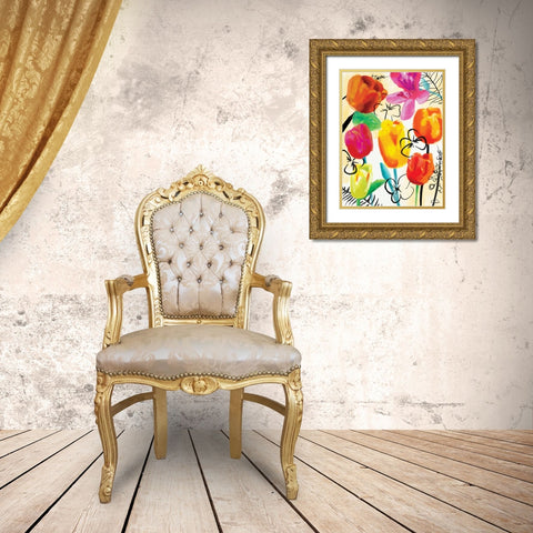 Floral Water Ink Gold Ornate Wood Framed Art Print with Double Matting by OnRei