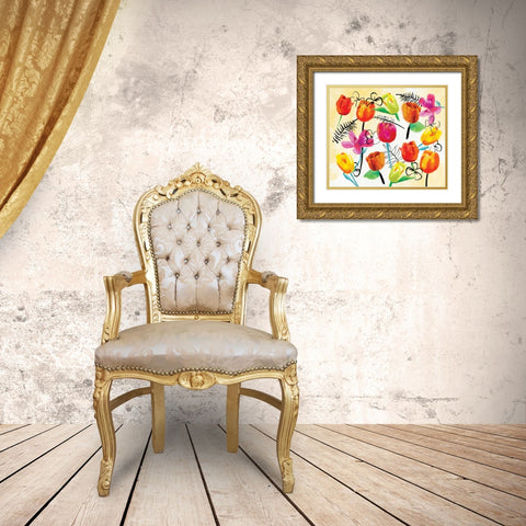 Full Floral Ink Gold Ornate Wood Framed Art Print with Double Matting by OnRei