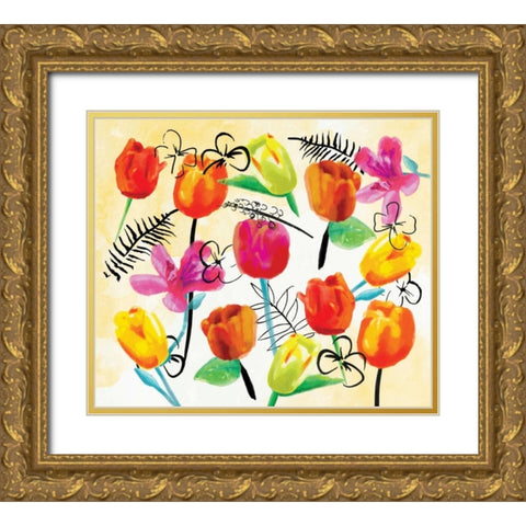 Full Floral Ink Gold Ornate Wood Framed Art Print with Double Matting by OnRei