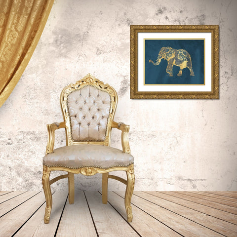 Navy Gold Elephant Gold Ornate Wood Framed Art Print with Double Matting by OnRei