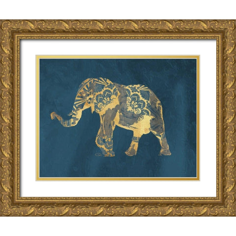 Navy Gold Elephant Gold Ornate Wood Framed Art Print with Double Matting by OnRei