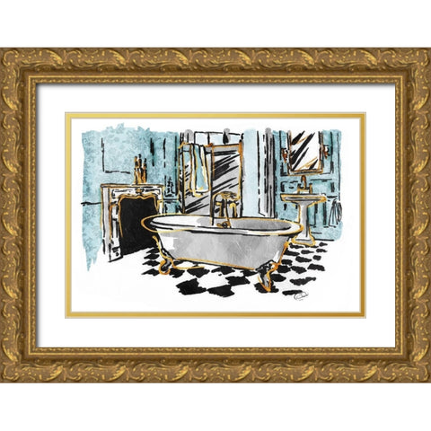 Blue Gold Sketch Bath Gold Ornate Wood Framed Art Print with Double Matting by OnRei