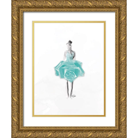 Teal Rose Ballerina Gold Ornate Wood Framed Art Print with Double Matting by OnRei