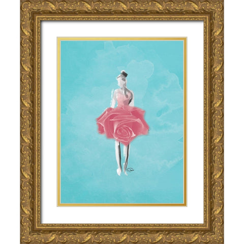 Teal Rose Ballerina Background Gold Ornate Wood Framed Art Print with Double Matting by OnRei