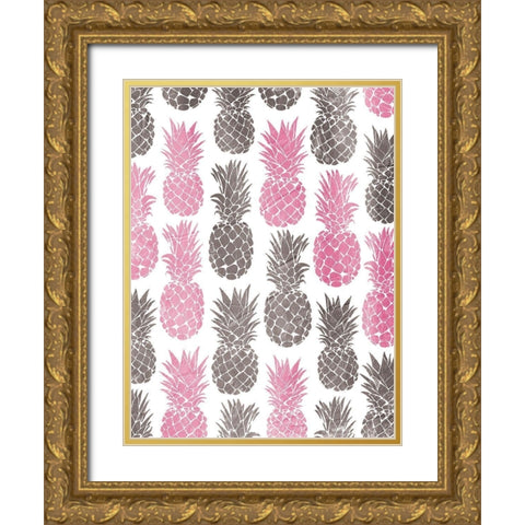 Pink Grey Pineapples Gold Ornate Wood Framed Art Print with Double Matting by OnRei