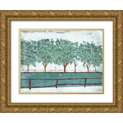 Trees And Fences Gold Ornate Wood Framed Art Print with Double Matting by OnRei