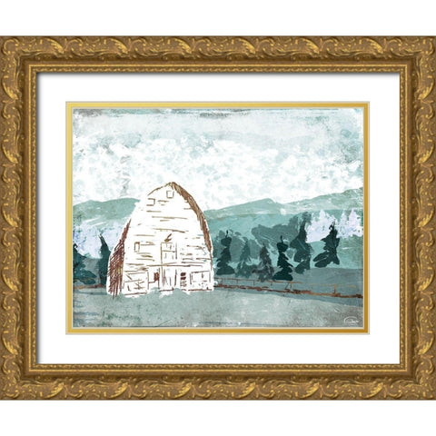 Barn In The Trees Gold Ornate Wood Framed Art Print with Double Matting by OnRei