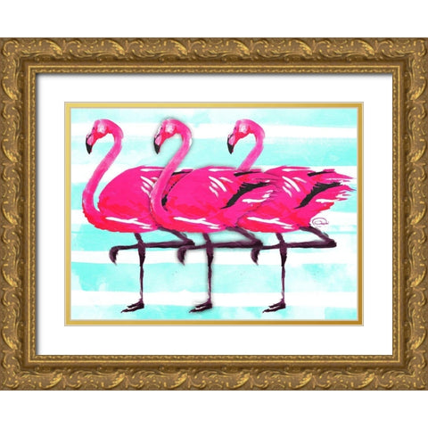 Three Flamingo Gold Ornate Wood Framed Art Print with Double Matting by OnRei