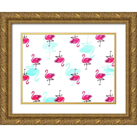 Flamingo Pattern Gold Ornate Wood Framed Art Print with Double Matting by OnRei