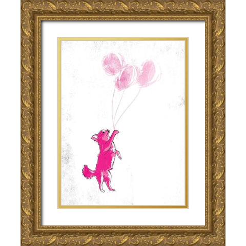 Dog Holding Balloon Gold Ornate Wood Framed Art Print with Double Matting by OnRei