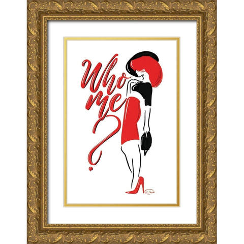 Who Me Lady In Red Gold Ornate Wood Framed Art Print with Double Matting by OnRei