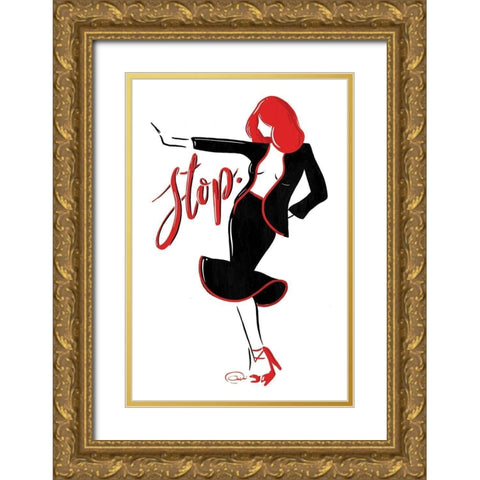 Stop Lady In Red Gold Ornate Wood Framed Art Print with Double Matting by OnRei