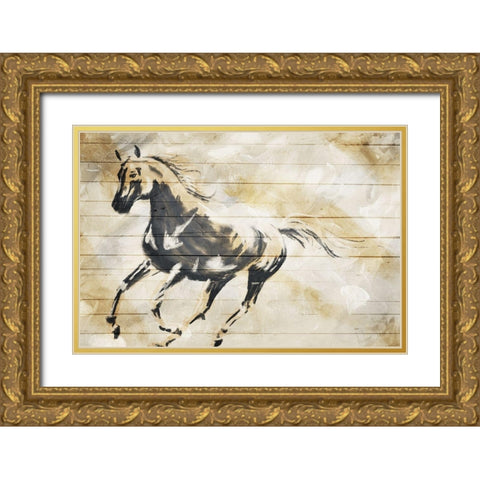 Running Horse Paint On Wood Gold Ornate Wood Framed Art Print with Double Matting by OnRei