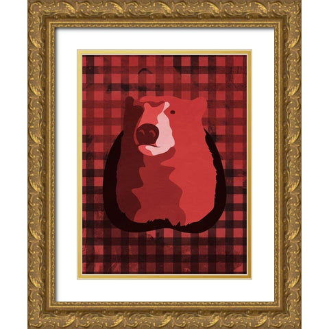 Bear Red Check Gold Ornate Wood Framed Art Print with Double Matting by OnRei