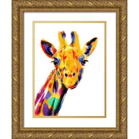 Coloful Giraffe Gold Ornate Wood Framed Art Print with Double Matting by OnRei