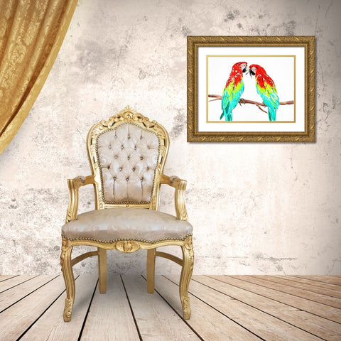 Fun Parrots Gold Ornate Wood Framed Art Print with Double Matting by OnRei