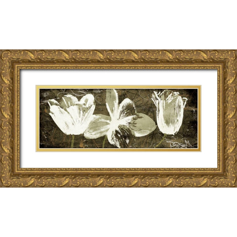 Floral Trio Amber Gold Ornate Wood Framed Art Print with Double Matting by OnRei