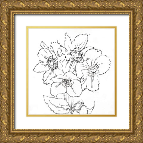 Floral Sketch BW Gold Ornate Wood Framed Art Print with Double Matting by OnRei