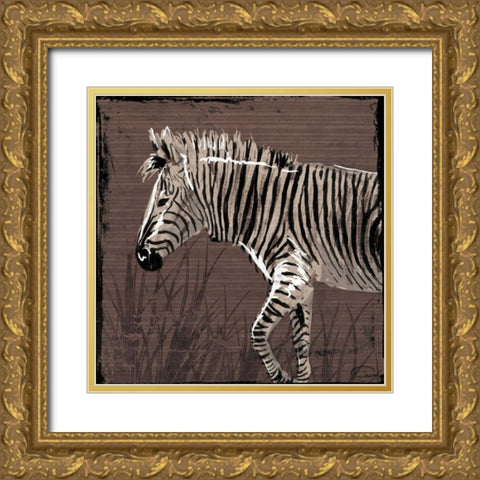 Zebra Walk Brown Gold Ornate Wood Framed Art Print with Double Matting by OnRei