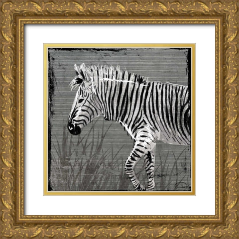 Zebra Walk Gold Ornate Wood Framed Art Print with Double Matting by OnRei