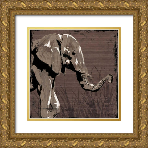 Elephant Walk Brown Gold Ornate Wood Framed Art Print with Double Matting by OnRei