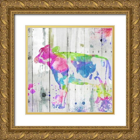 Cow Colorful Gold Ornate Wood Framed Art Print with Double Matting by OnRei