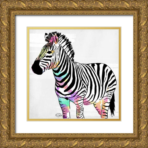 Zebra Head Colorful Gold Ornate Wood Framed Art Print with Double Matting by OnRei