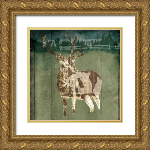 Deer In The Field Gold Ornate Wood Framed Art Print with Double Matting by OnRei