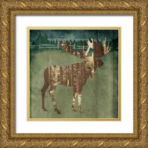 Moose In The Field Gold Ornate Wood Framed Art Print with Double Matting by OnRei