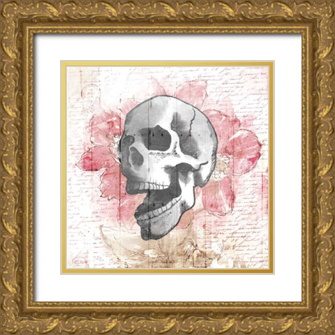 Floral Skull Gold Ornate Wood Framed Art Print with Double Matting by OnRei