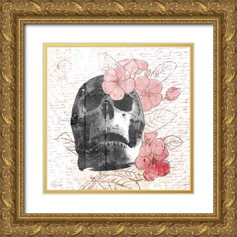 Floral Skull Mate Gold Ornate Wood Framed Art Print with Double Matting by OnRei