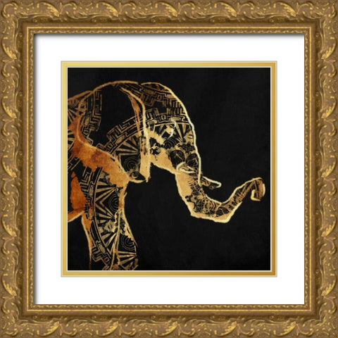 Patterned Elephant Gold Ornate Wood Framed Art Print with Double Matting by OnRei