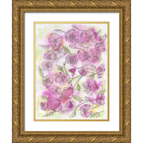 Floral Pinks Gold Ornate Wood Framed Art Print with Double Matting by Varacek, Pam