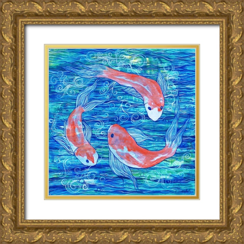 Circling Koi Gold Ornate Wood Framed Art Print with Double Matting by Varacek, Pam