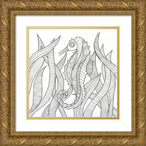 Hiding Seahorse Gold Ornate Wood Framed Art Print with Double Matting by Varacek, Pam