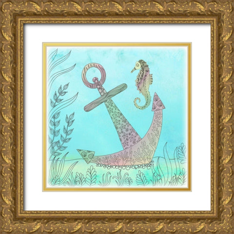 Anchored Seahorse Gold Ornate Wood Framed Art Print with Double Matting by Varacek, Pam