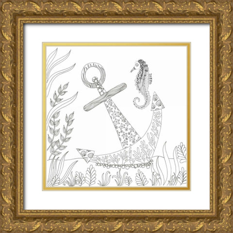 Anchored Seahorse Gold Ornate Wood Framed Art Print with Double Matting by Varacek, Pam