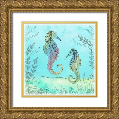 Seahorse Pair Gold Ornate Wood Framed Art Print with Double Matting by Varacek, Pam
