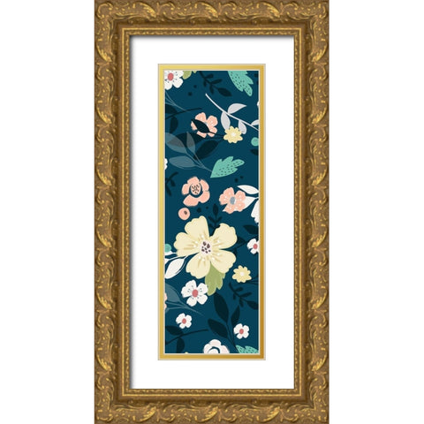 Folksy Floral Scatter BLueandGrey Gold Ornate Wood Framed Art Print with Double Matting by Allen, Candace