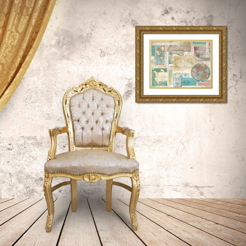 Ivory Blue Maps Collage Gold Ornate Wood Framed Art Print with Double Matting by Allen, Candace