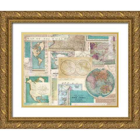 Ivory Blue Maps Collage Gold Ornate Wood Framed Art Print with Double Matting by Allen, Candace
