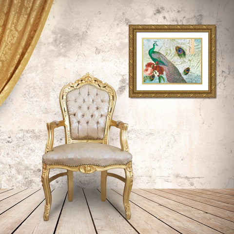 Peacock 111 Green Gold Ornate Wood Framed Art Print with Double Matting by Lula Bijoux and Company