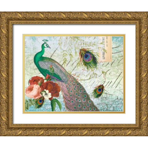 Peacock 111 Green Gold Ornate Wood Framed Art Print with Double Matting by Lula Bijoux and Company